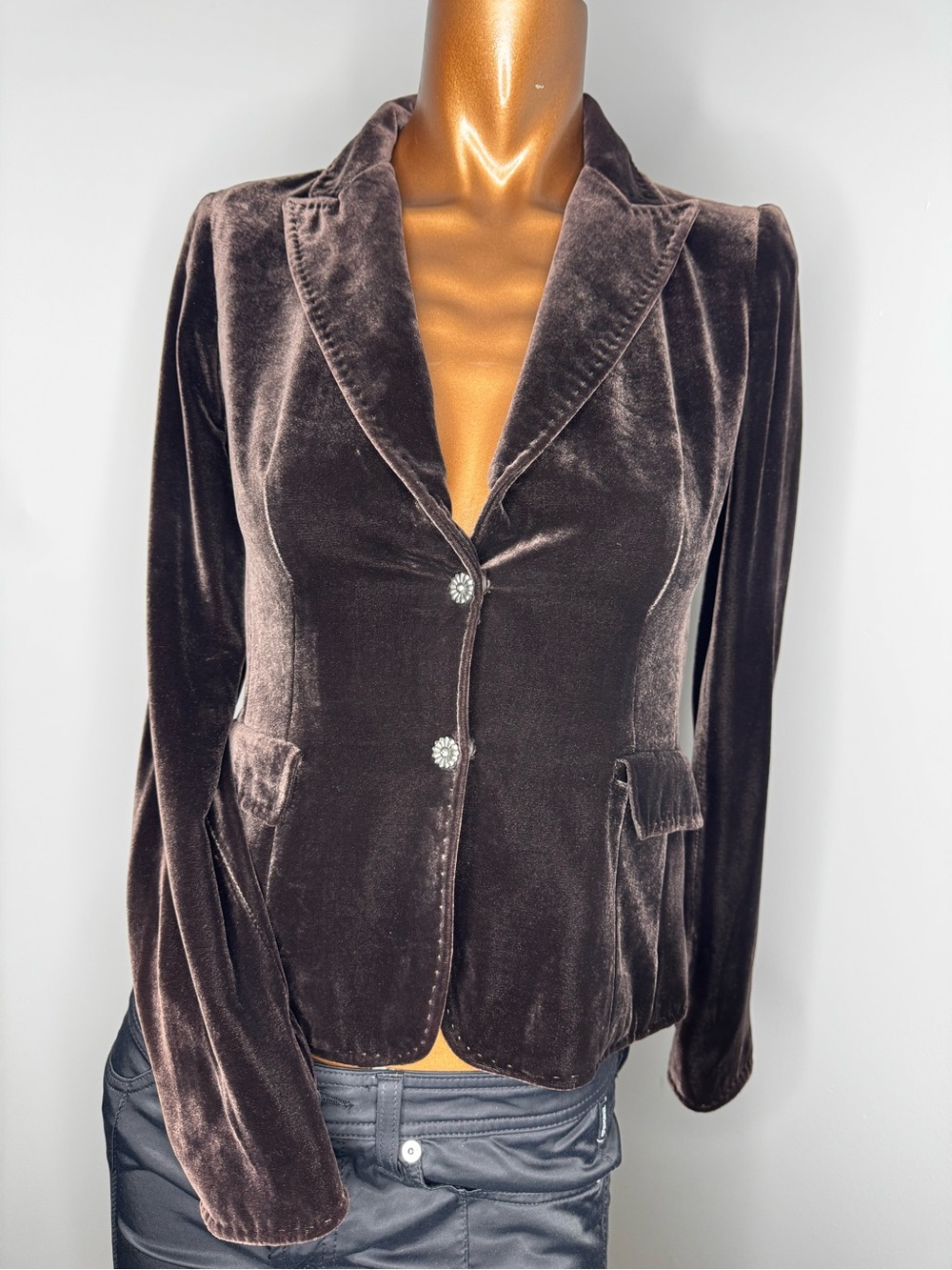 Tahari Brown Velvet Blazer with Decorative Buttons